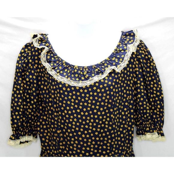 Cottage Core Long Dress Country Victorian Style Lace Seam Navy Blue Floral Print - Picture 3 of 10